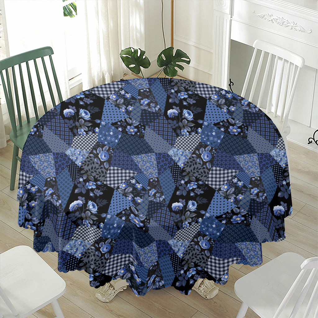 Blue Flower Patchwork Pattern Print Waterproof Round Tablecloth