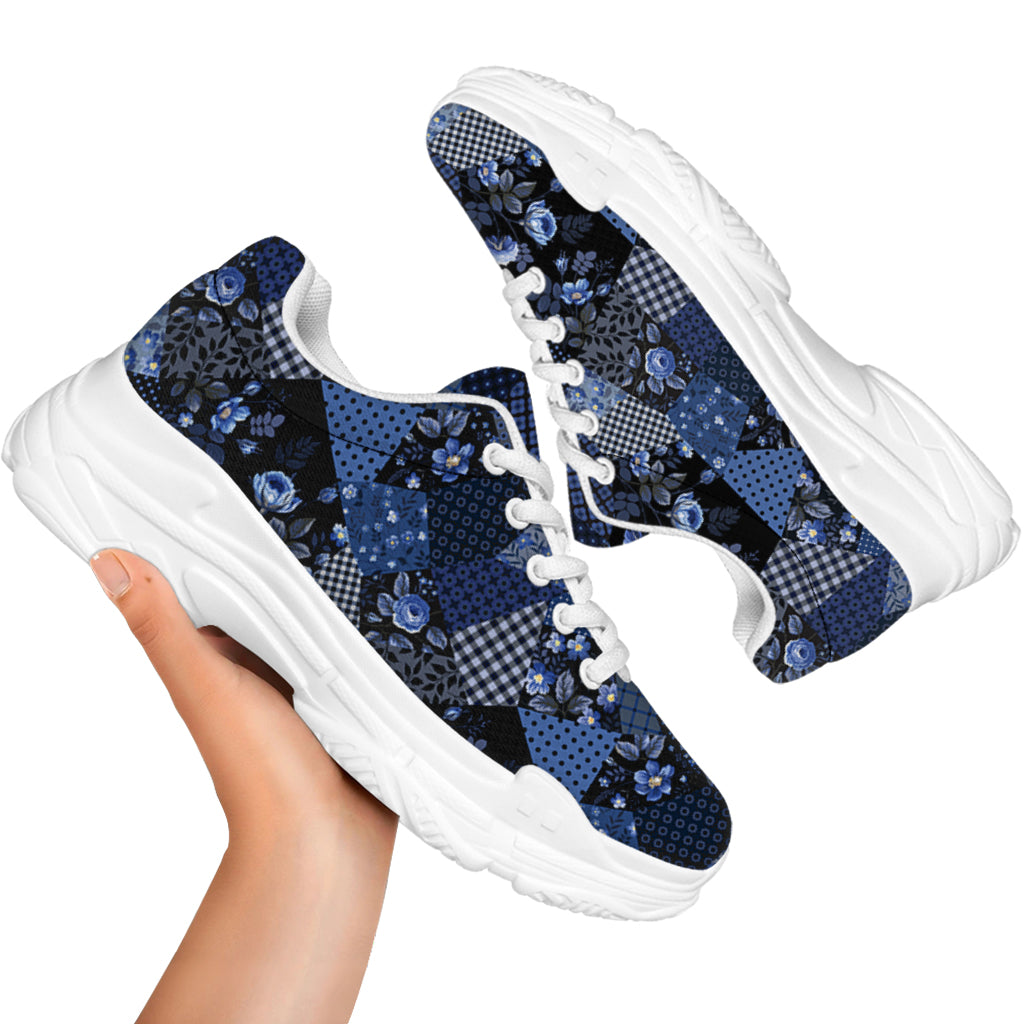 Blue Flower Patchwork Pattern Print White Chunky Shoes