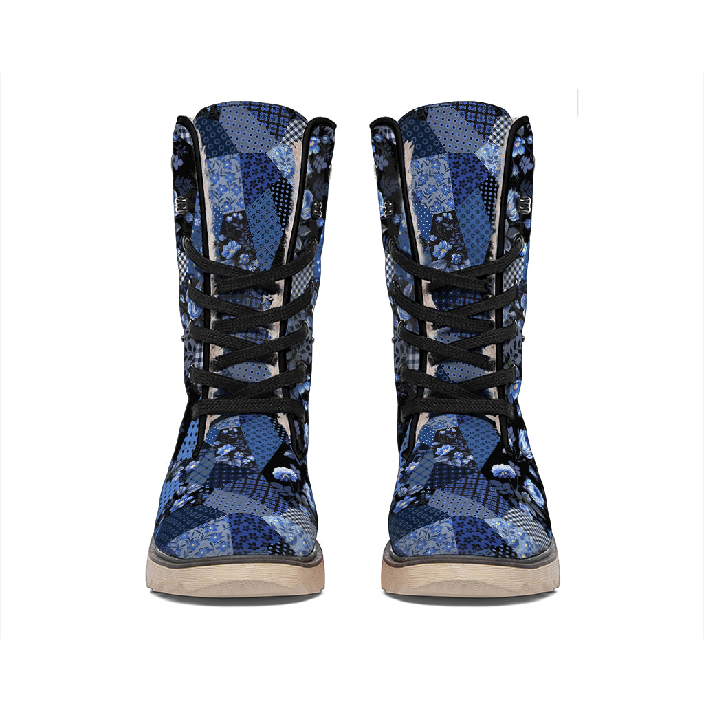 Blue Flower Patchwork Pattern Print Winter Boots