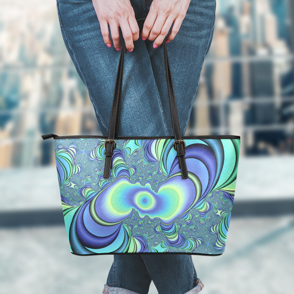 Blue Fractal Print Leather Tote Bag