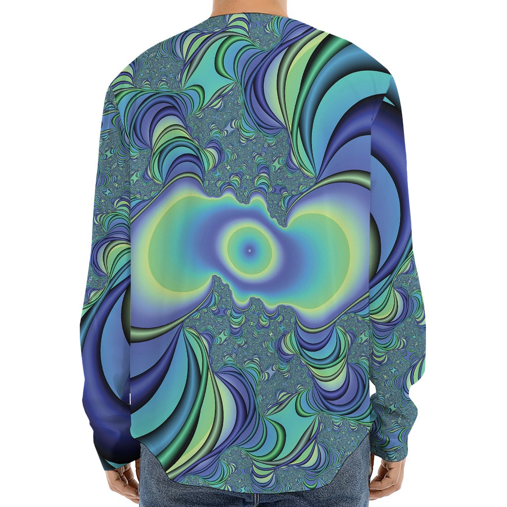 Blue Fractal Print Long Sleeve Baseball Jersey