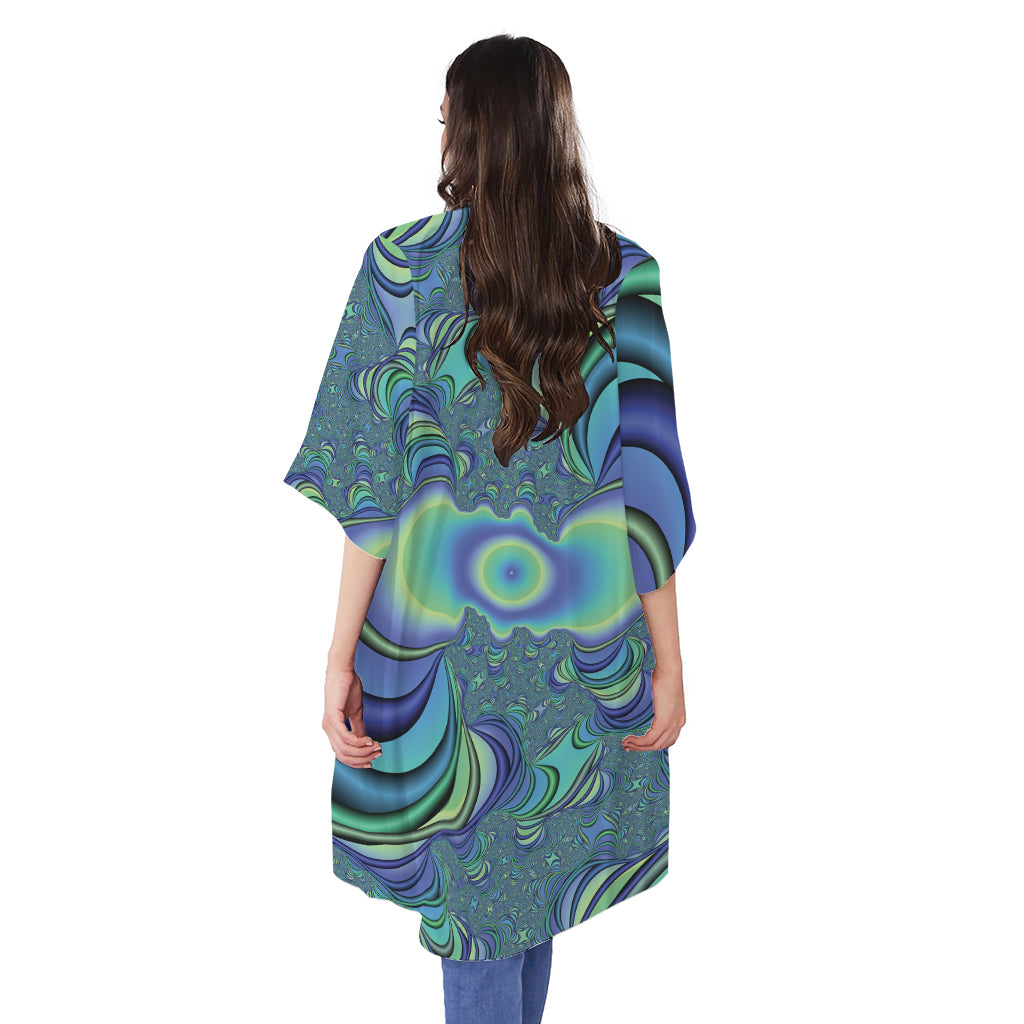 Blue Fractal Print Open Front Beach Cover Up