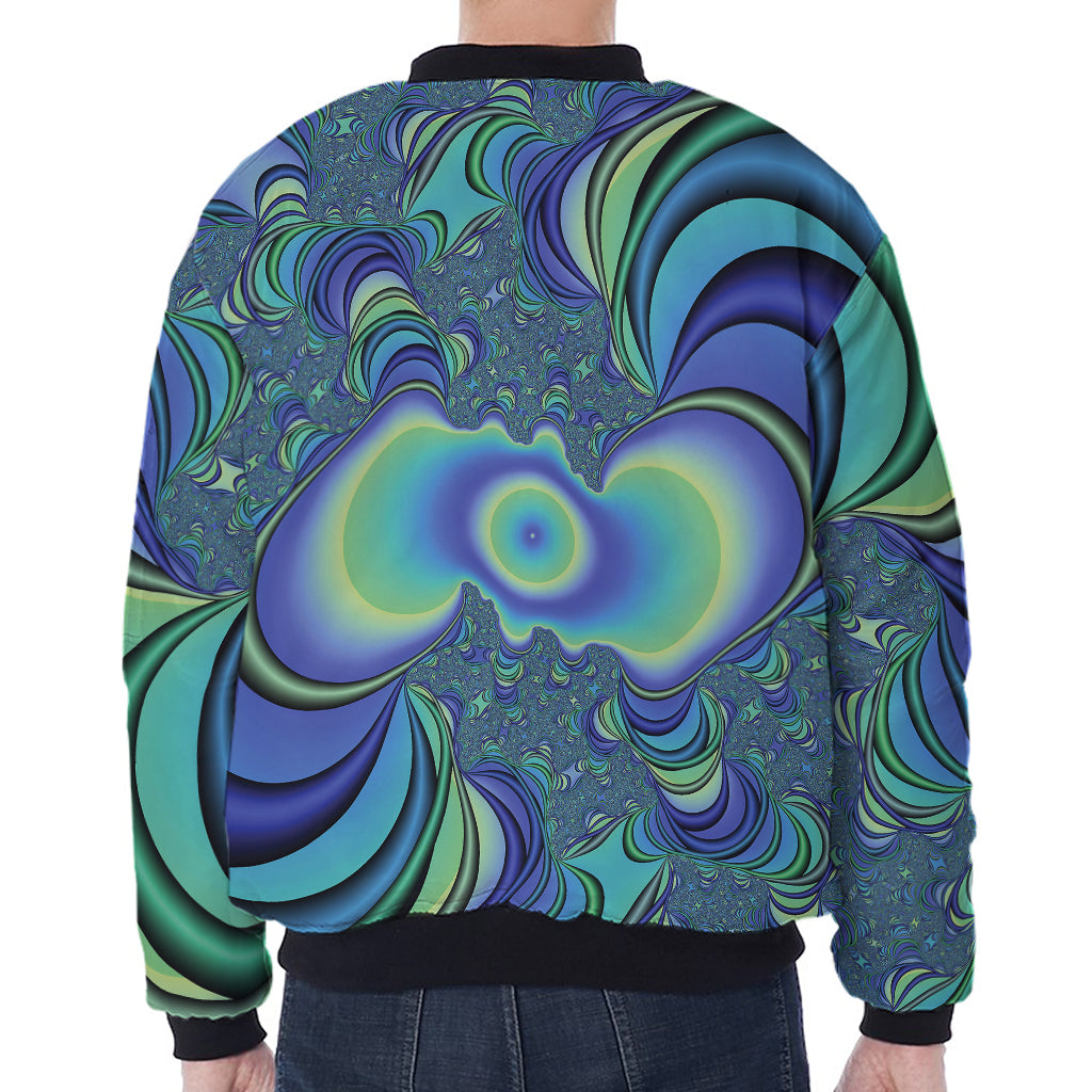 Blue Fractal Print Zip Sleeve Bomber Jacket