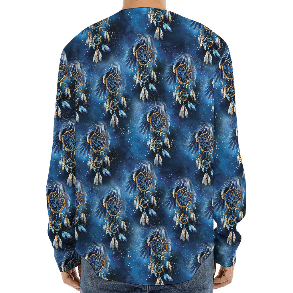 Blue Galaxy Dream Catcher Pattern Print Long Sleeve Baseball Jersey