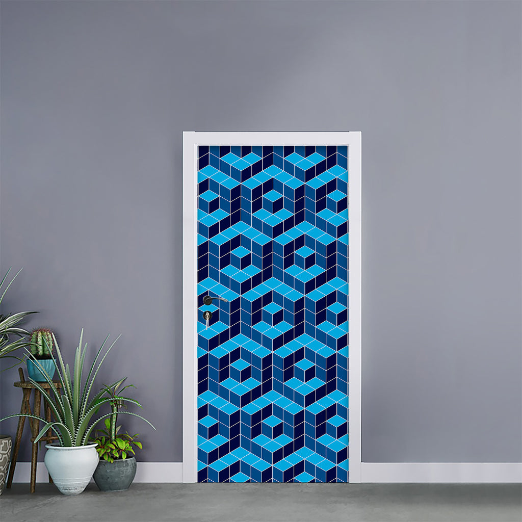 Blue Geometric Cube Shape Pattern Print Door Sticker
