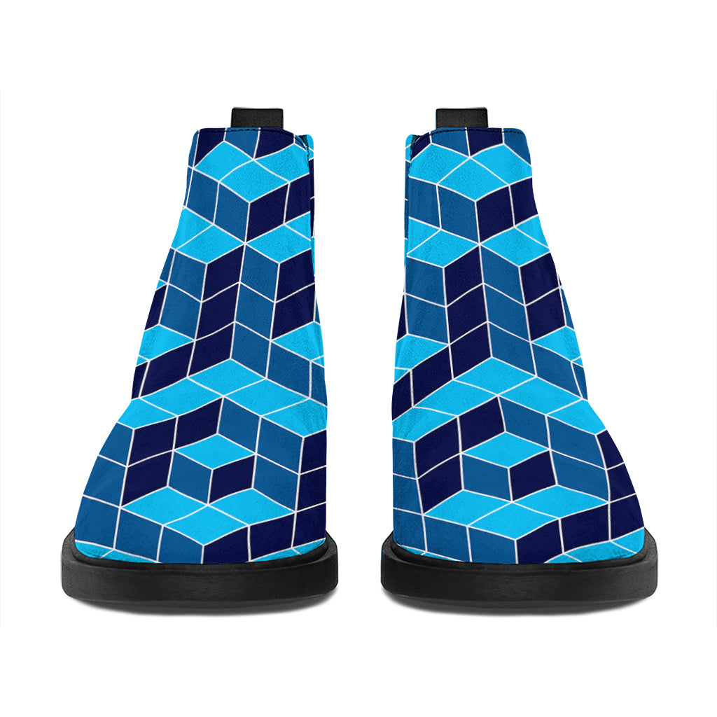 Blue Geometric Cube Shape Pattern Print Flat Ankle Boots