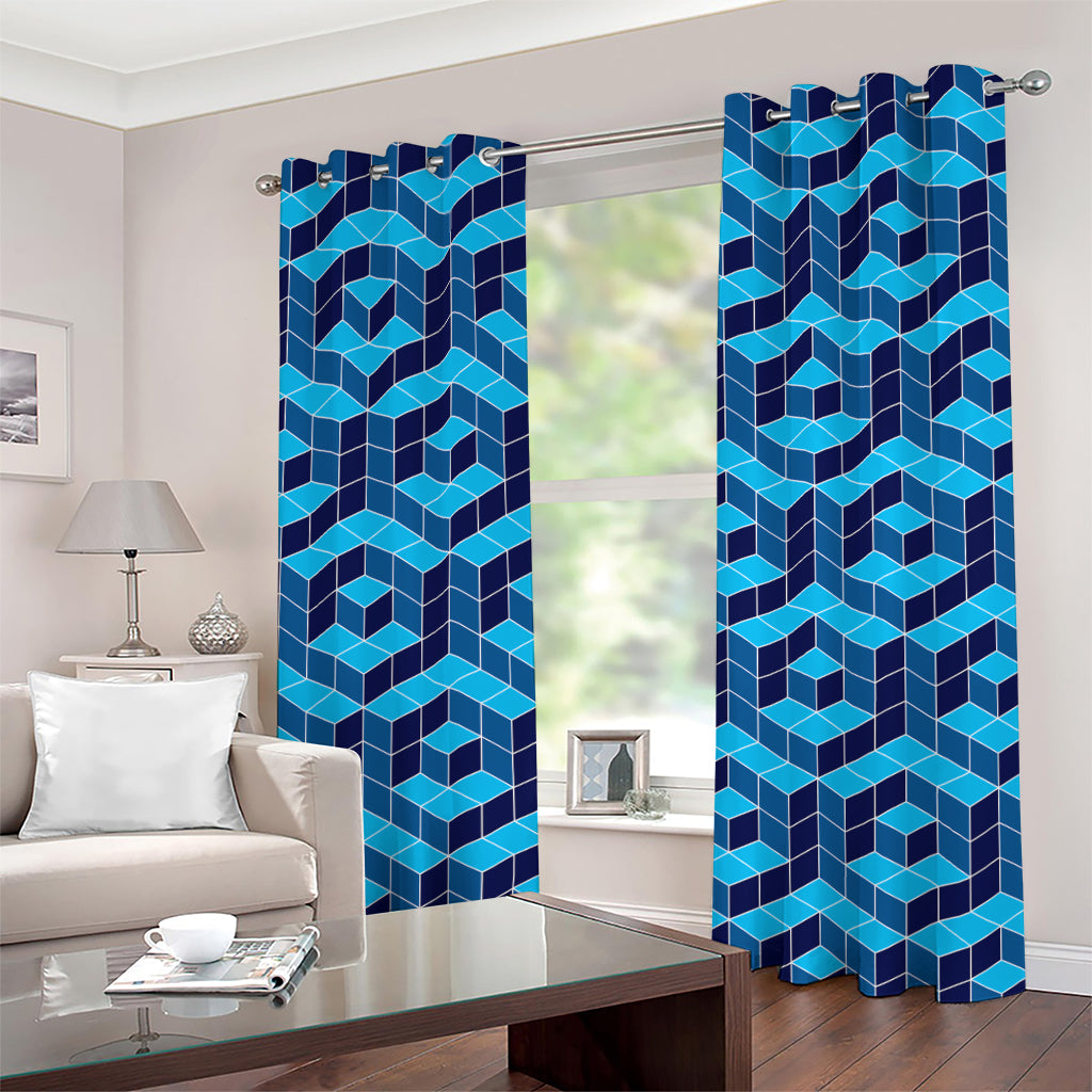 Blue Geometric Cube Shape Pattern Print Grommet Curtains
