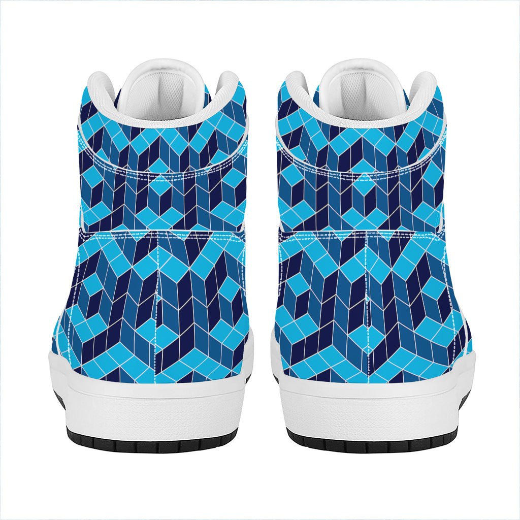 Blue Geometric Cube Shape Pattern Print High Top Leather Sneakers