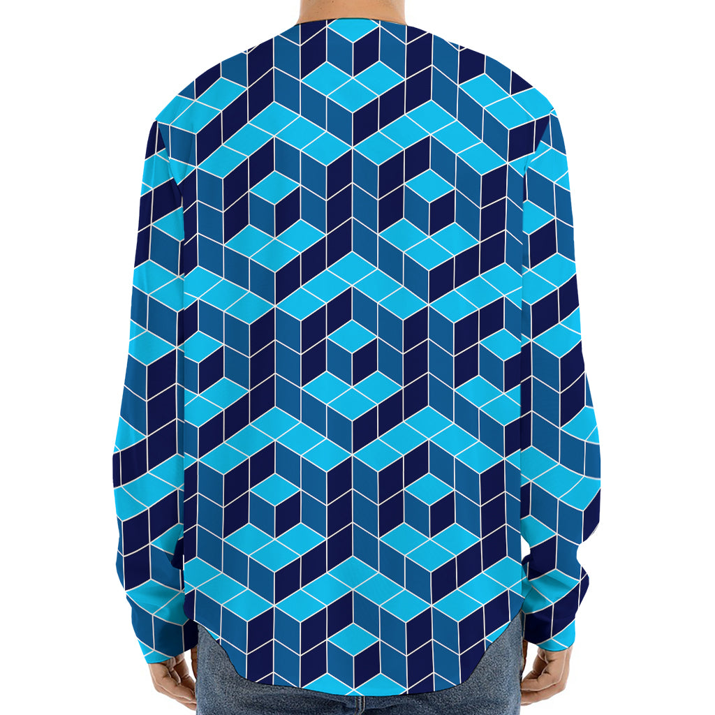 Blue Geometric Cube Shape Pattern Print Long Sleeve Baseball Jersey