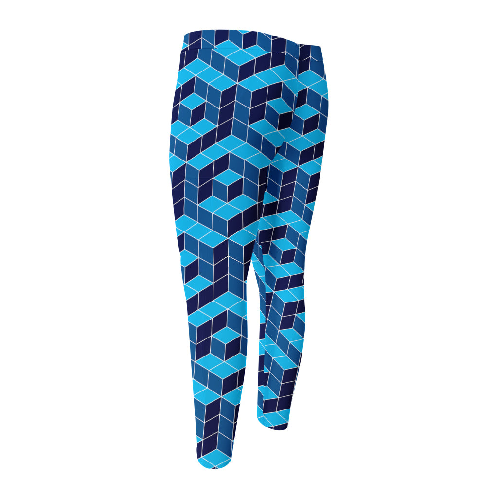 Blue Geometric Cube Shape Pattern Print Men's Compression Pants