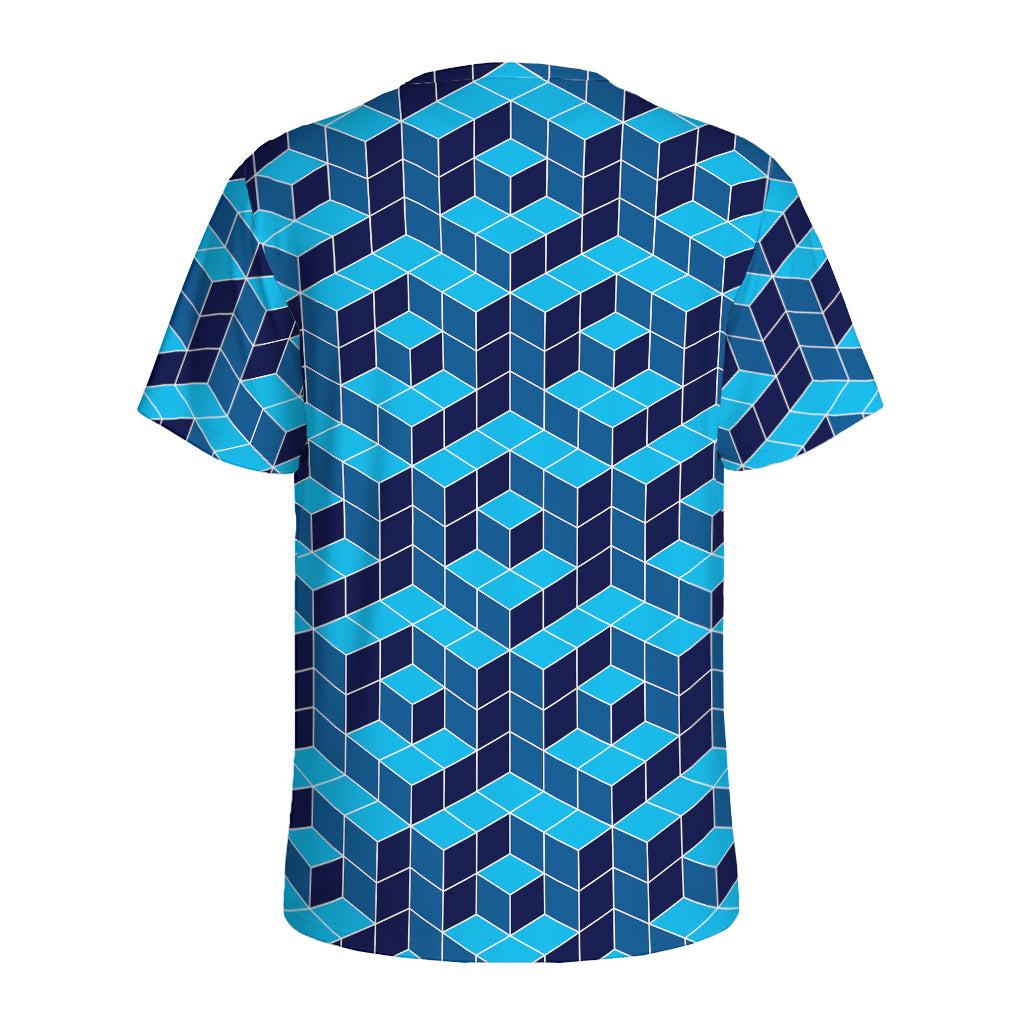 Blue Geometric Cube Shape Pattern Print Men's Sports T-Shirt