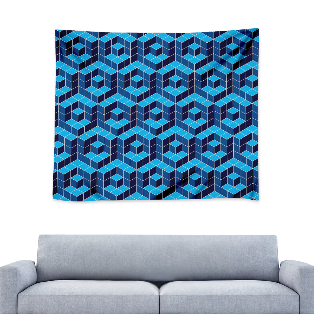 Blue Geometric Cube Shape Pattern Print Tapestry