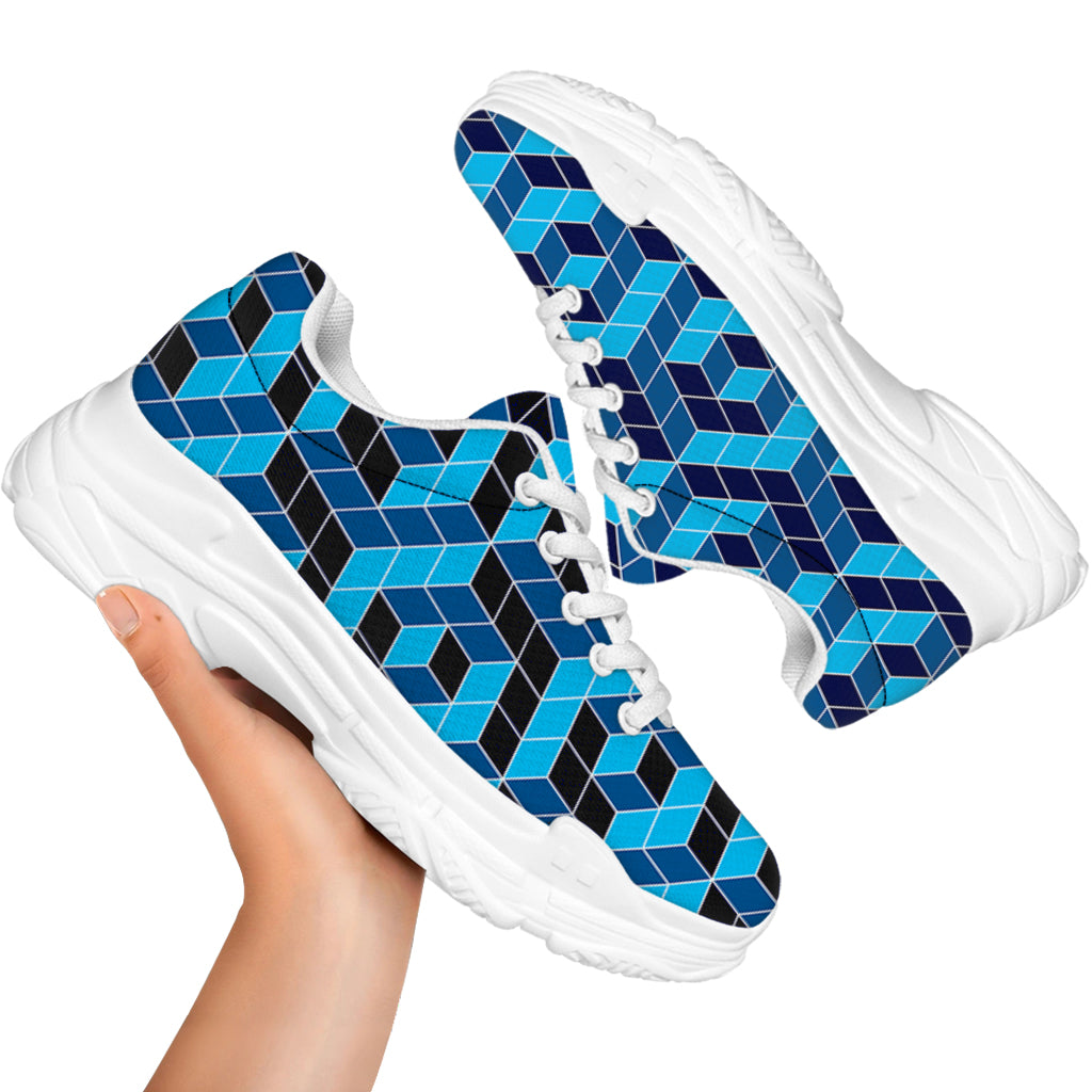 Blue Geometric Cube Shape Pattern Print White Chunky Shoes