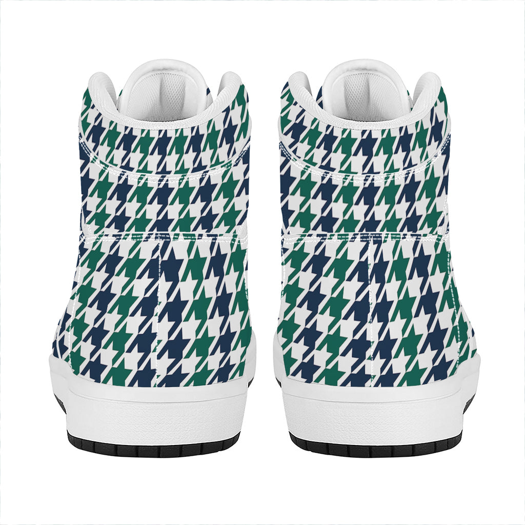 Blue Green And White Houndstooth Print High Top Leather Sneakers