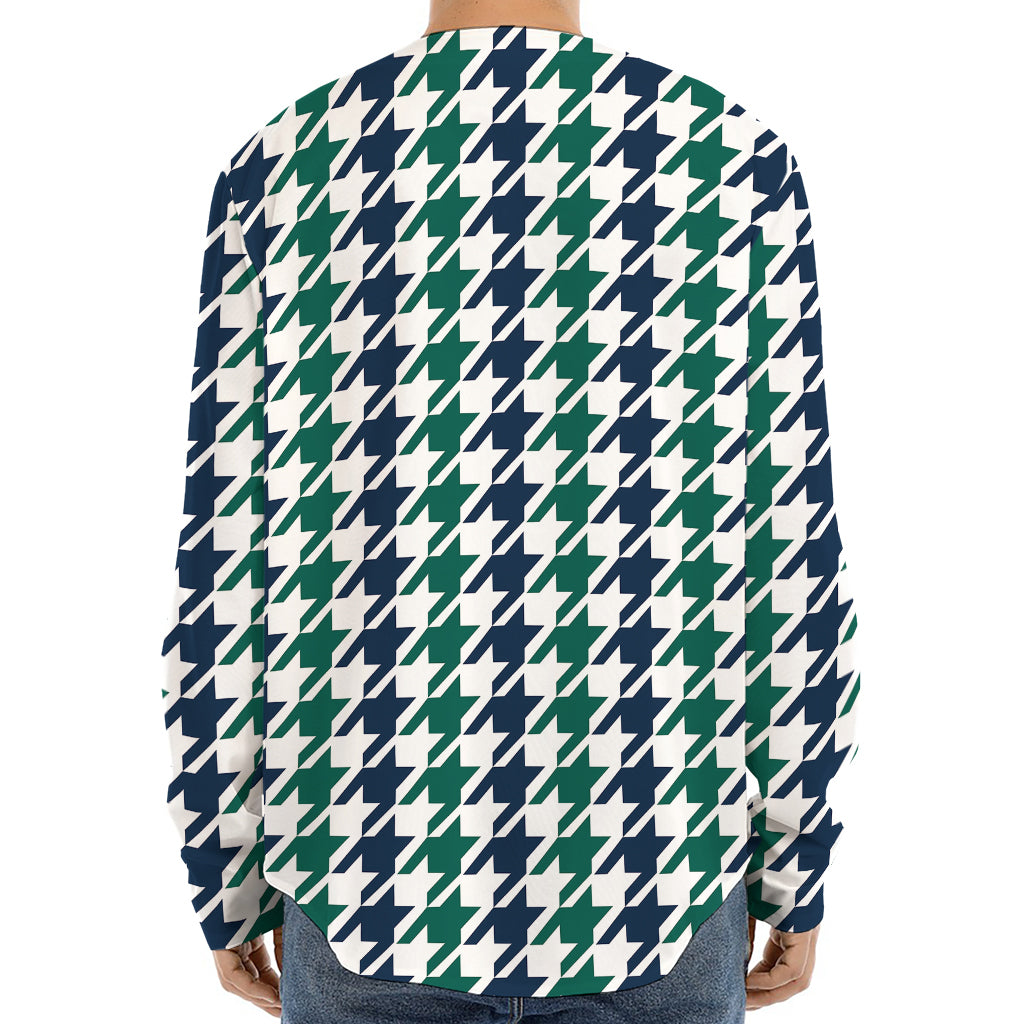 Blue Green And White Houndstooth Print Long Sleeve Baseball Jersey