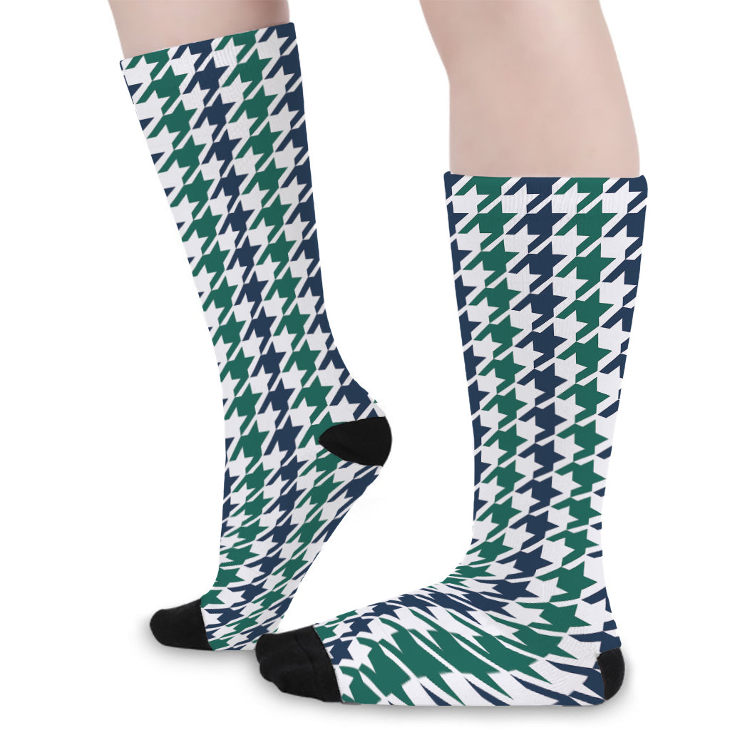 Blue Green And White Houndstooth Print Long Socks