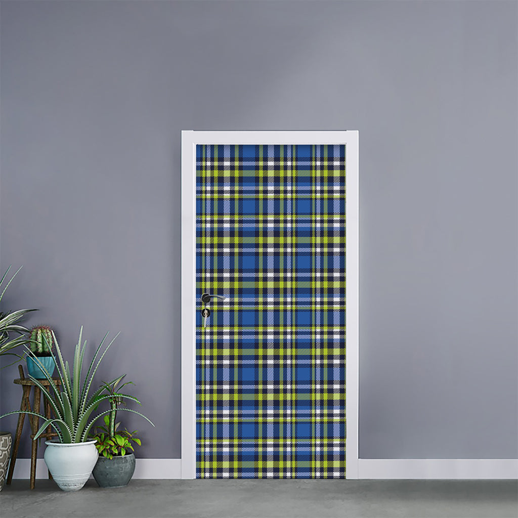 Blue Green And White Plaid Pattern Print Door Sticker