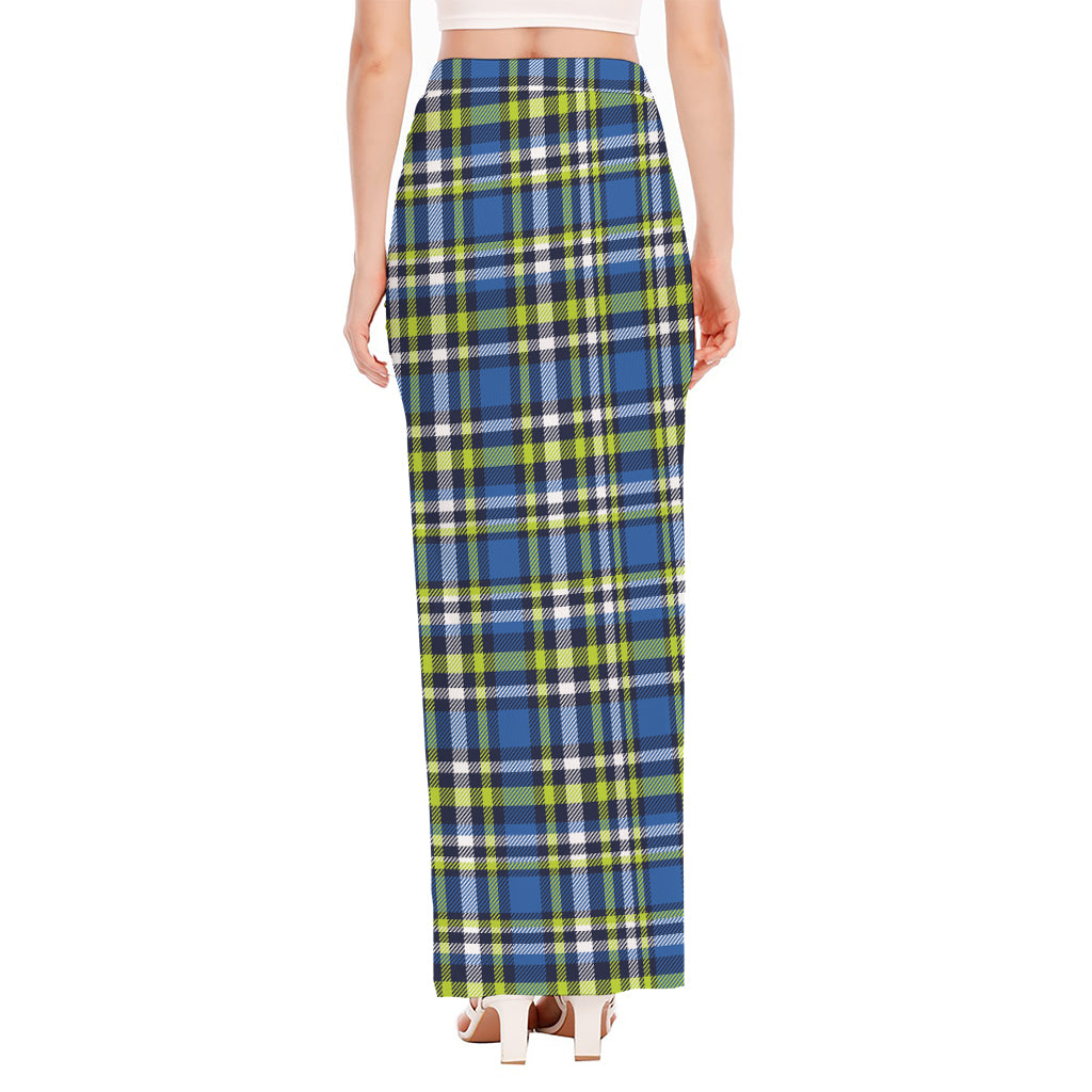 Blue Green And White Plaid Pattern Print High Slit Maxi Skirt