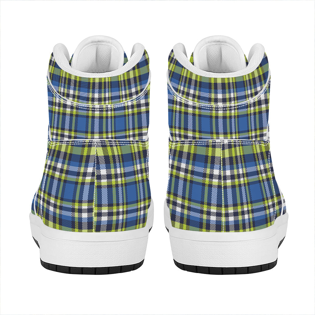 Blue Green And White Plaid Pattern Print High Top Leather Sneakers
