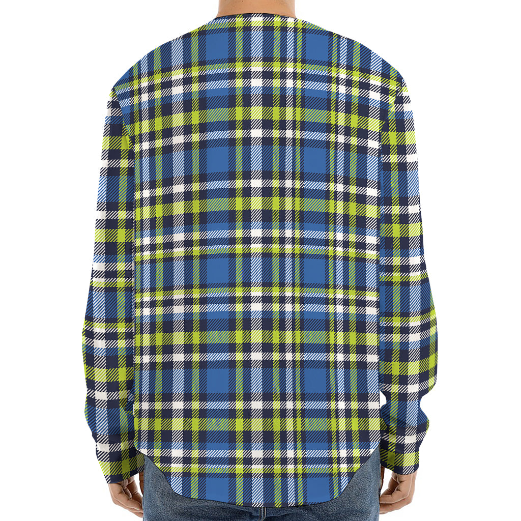 Blue Green And White Plaid Pattern Print Long Sleeve Baseball Jersey