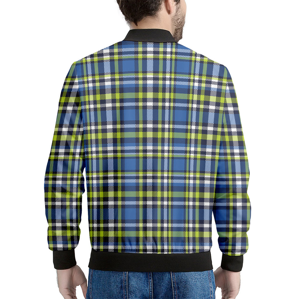 Blue Green And White Plaid Pattern Print Men's Bomber Jacket