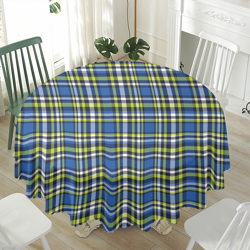 Blue Green And White Plaid Pattern Print Waterproof Round Tablecloth