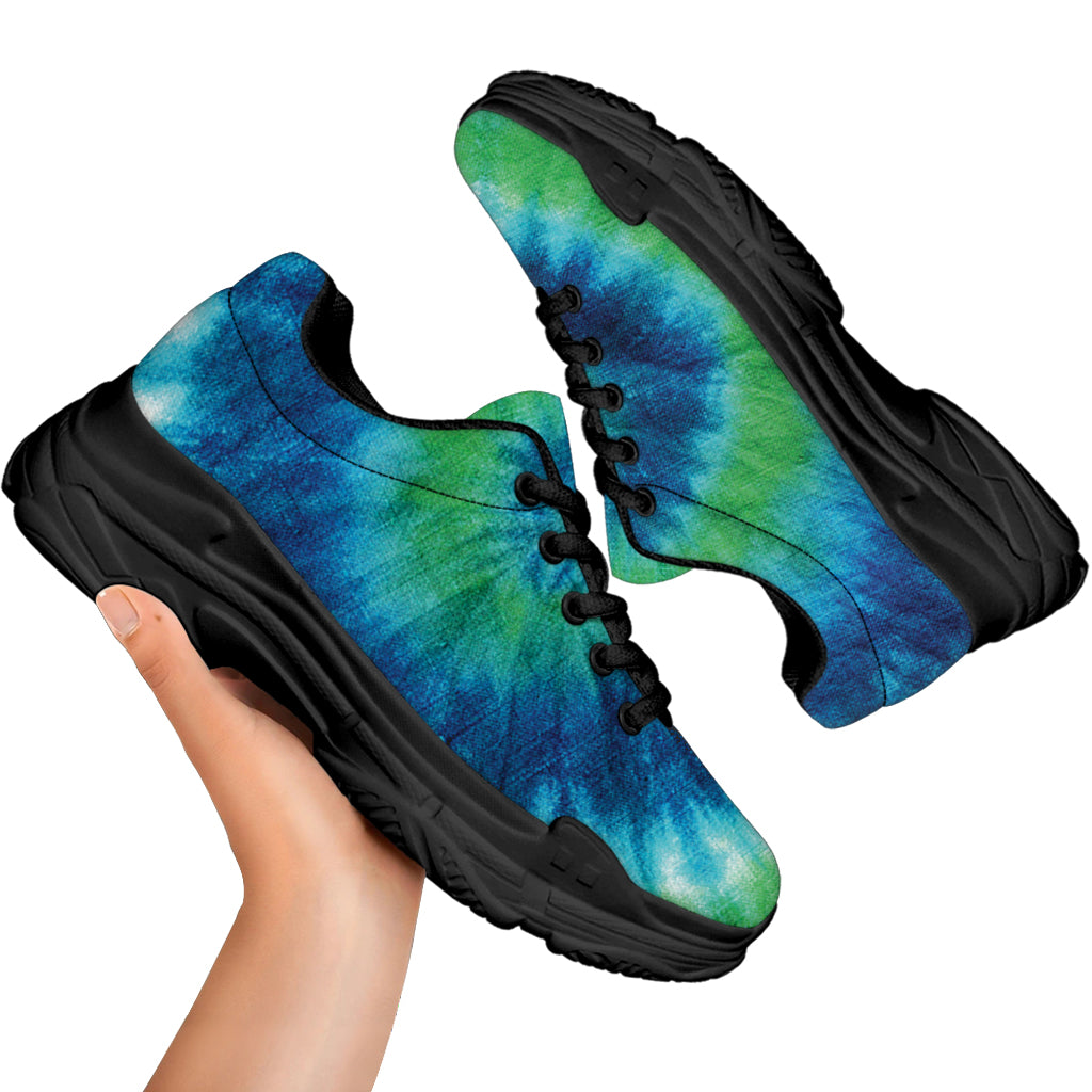 Blue Green And White Tie Dye Print Black Chunky Shoes