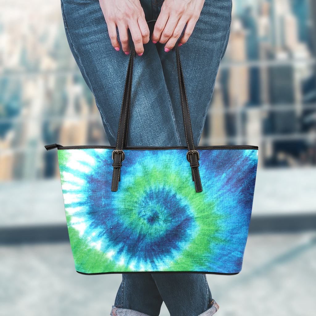 Blue Green And White Tie Dye Print Leather Tote Bag