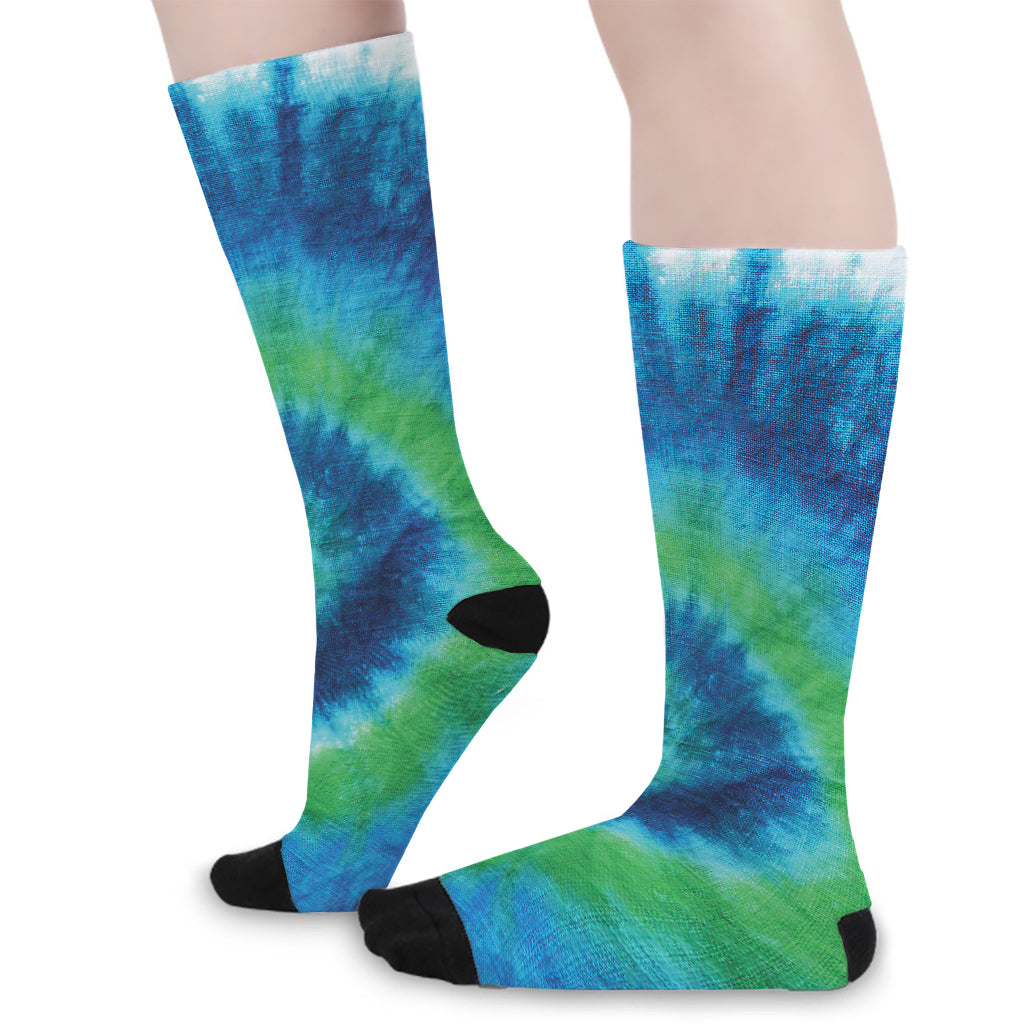 Blue Green And White Tie Dye Print Long Socks