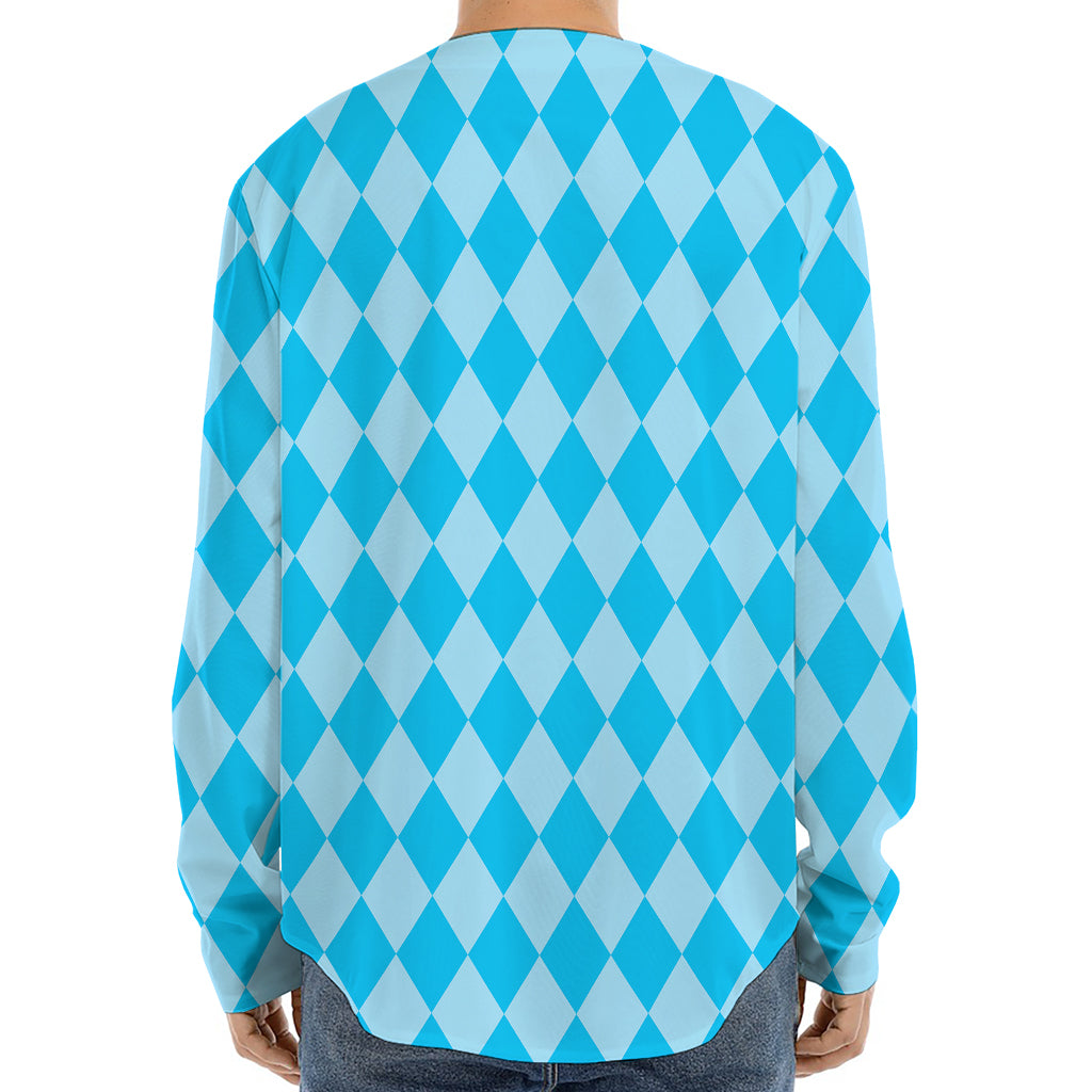 Blue Harlequin Pattern Print Long Sleeve Baseball Jersey