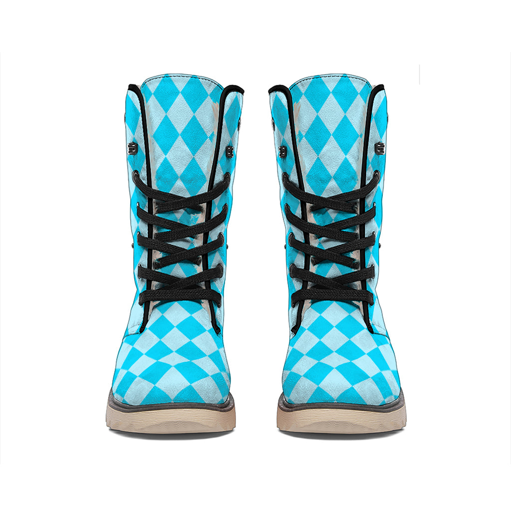 Blue Harlequin Pattern Print Winter Boots