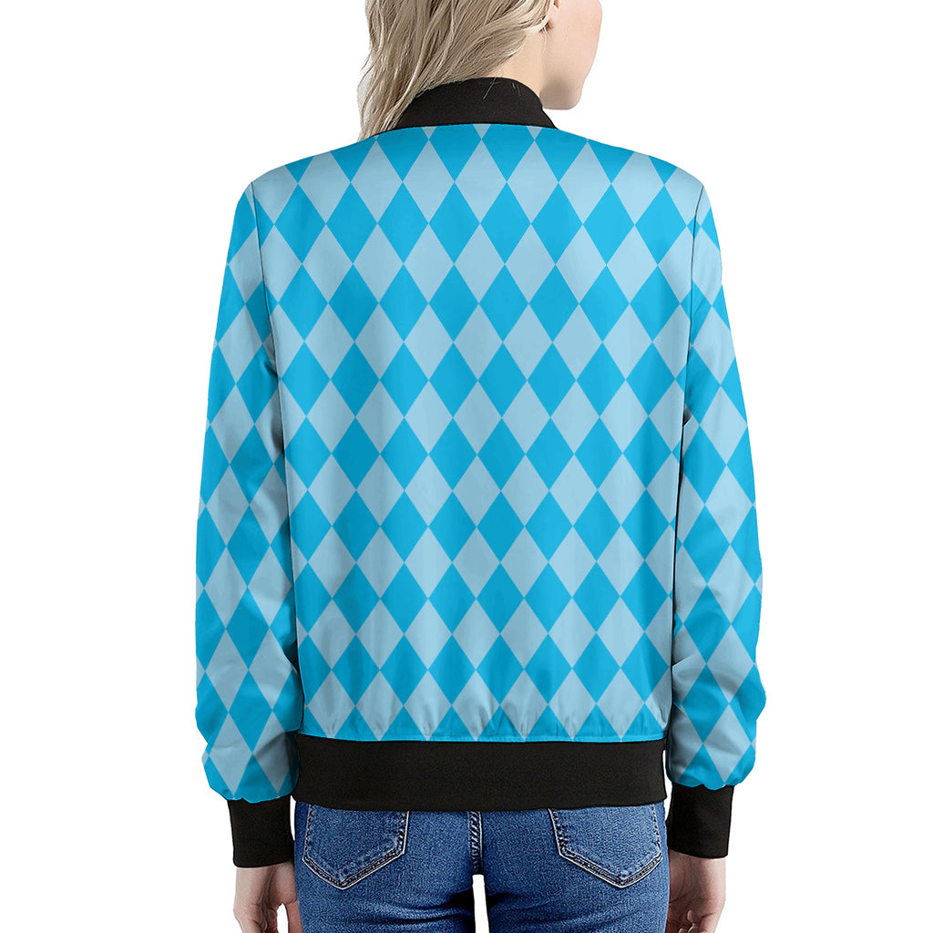 Blue Harlequin Pattern Print Women's Bomber Jacket