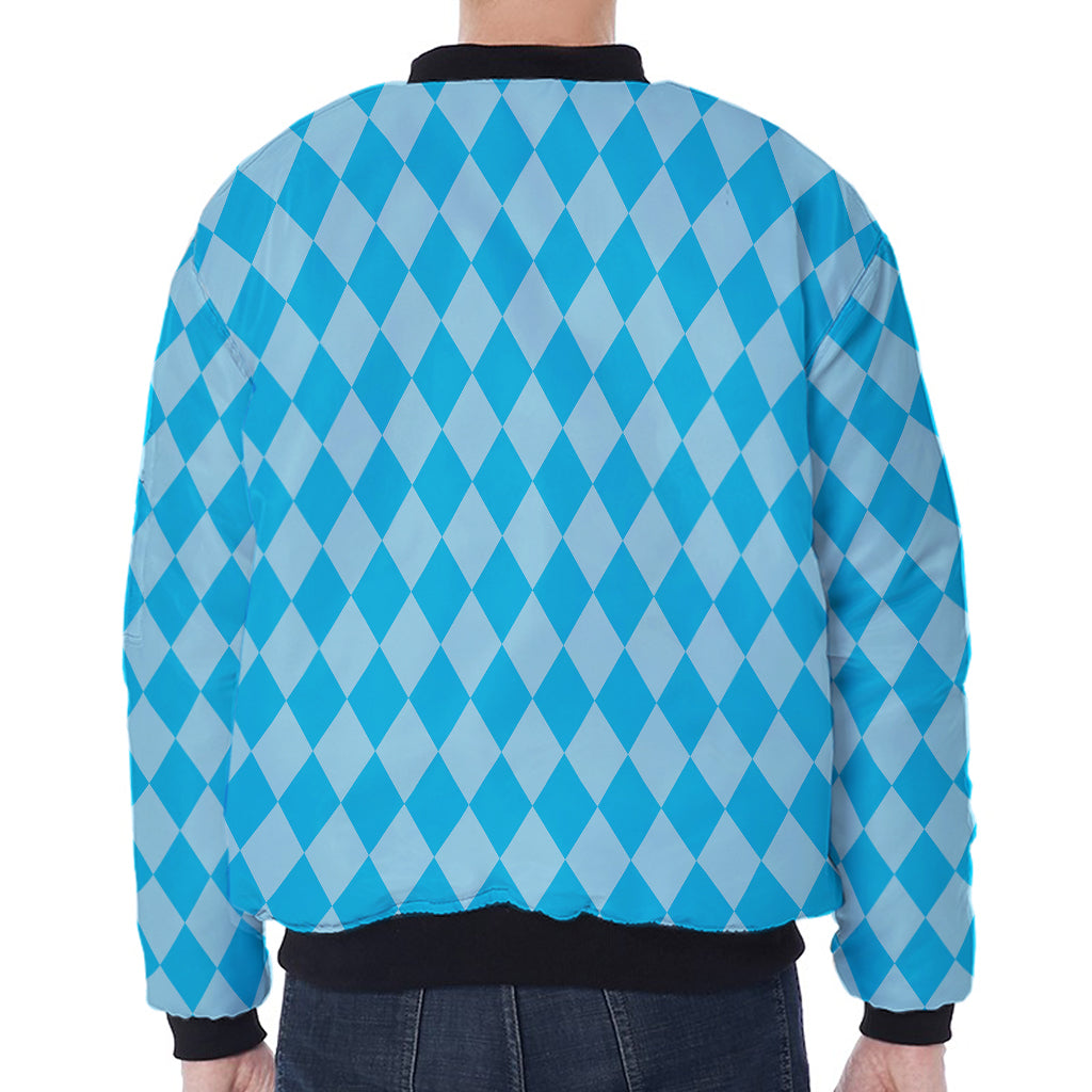Blue Harlequin Pattern Print Zip Sleeve Bomber Jacket