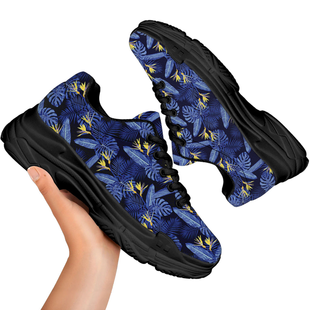 Blue Hawaiian Tropical Pattern Print Black Chunky Shoes