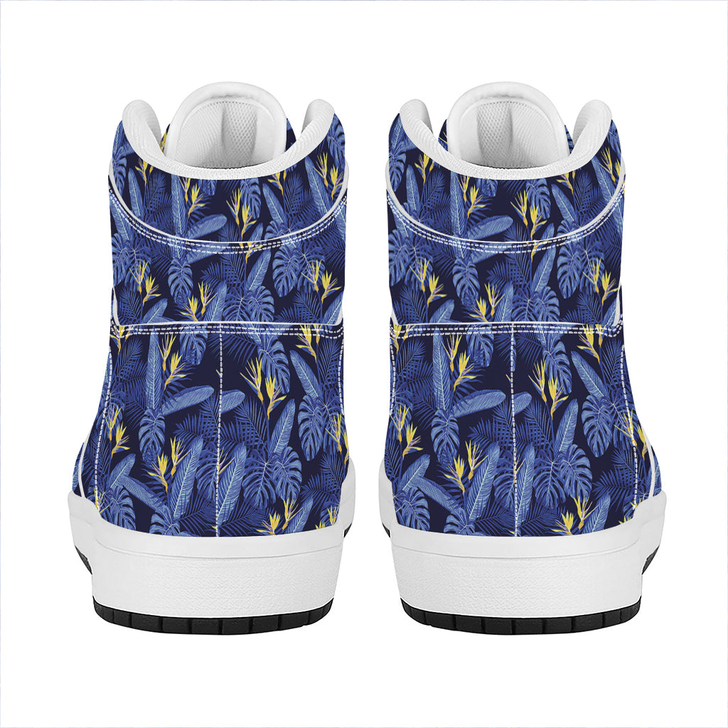 Blue Hawaiian Tropical Pattern Print High Top Leather Sneakers
