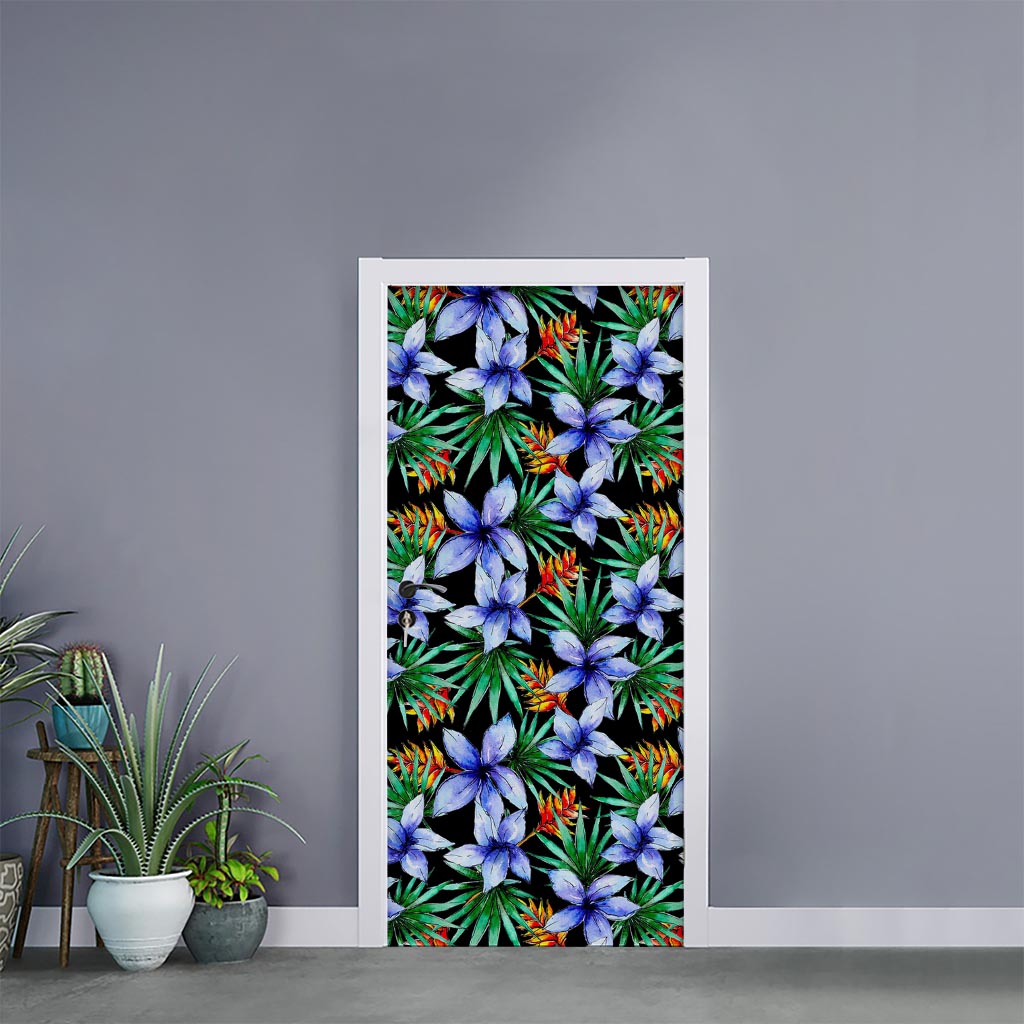 Blue Hawaiian Wildflowers Pattern Print Door Sticker