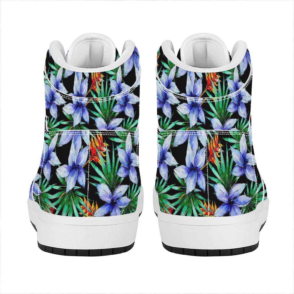 Blue Hawaiian Wildflowers Pattern Print High Top Leather Sneakers