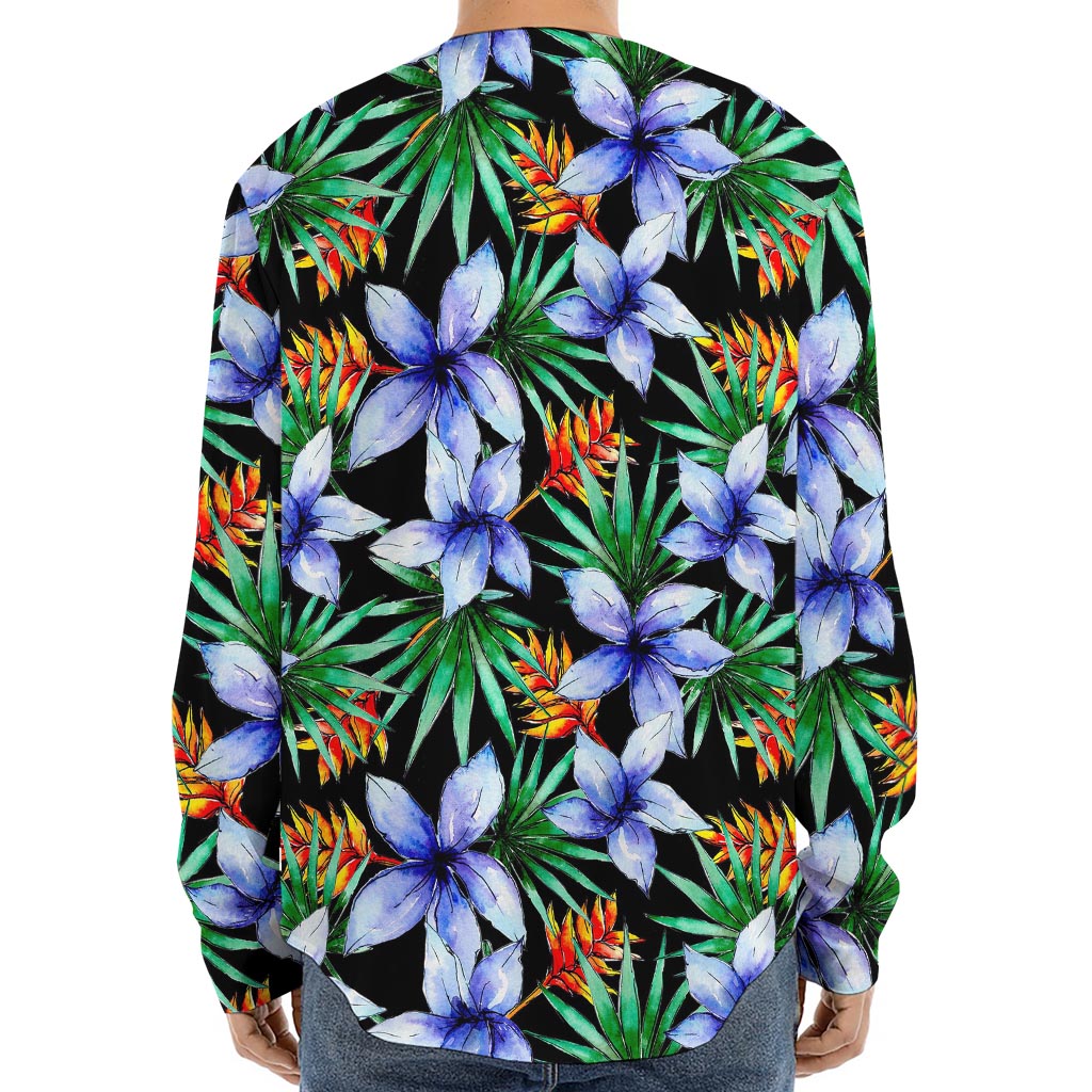 Blue Hawaiian Wildflowers Pattern Print Long Sleeve Baseball Jersey