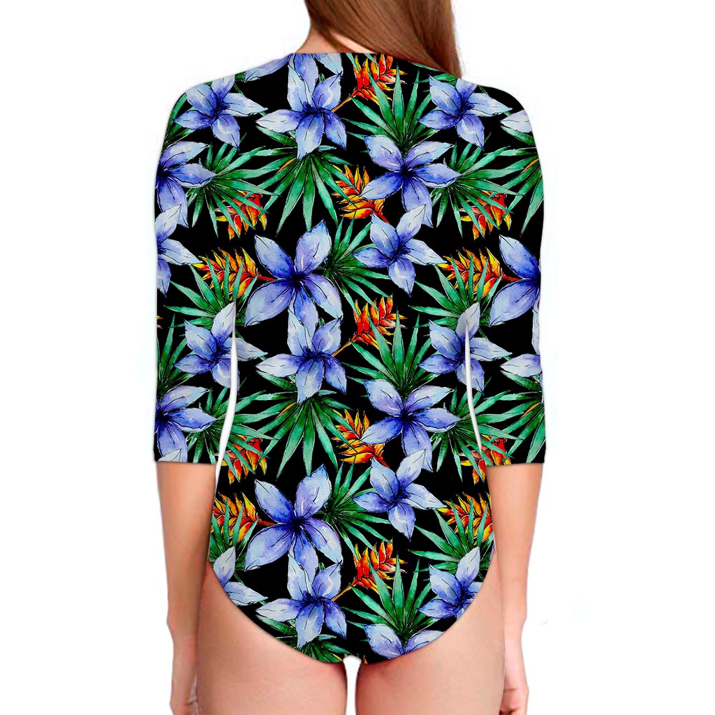 Blue Hawaiian Wildflowers Pattern Print Long Sleeve Swimsuit