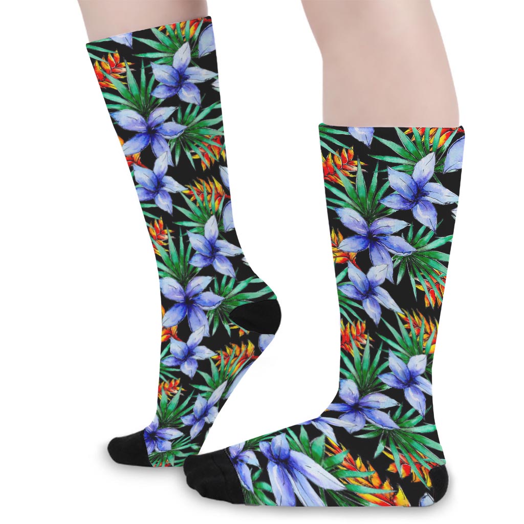 Blue Hawaiian Wildflowers Pattern Print Long Socks