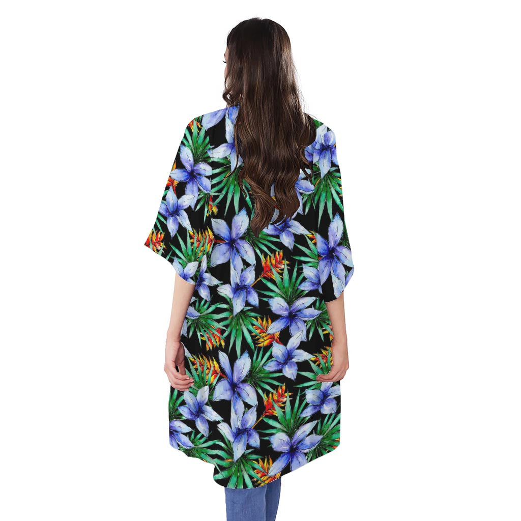Blue Hawaiian Wildflowers Pattern Print Open Front Beach Cover Up