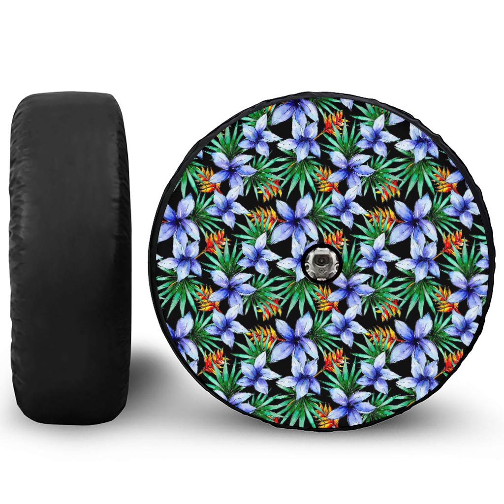 Blue Hawaiian Wildflowers Pattern Print Tire Cover With Camera Hole