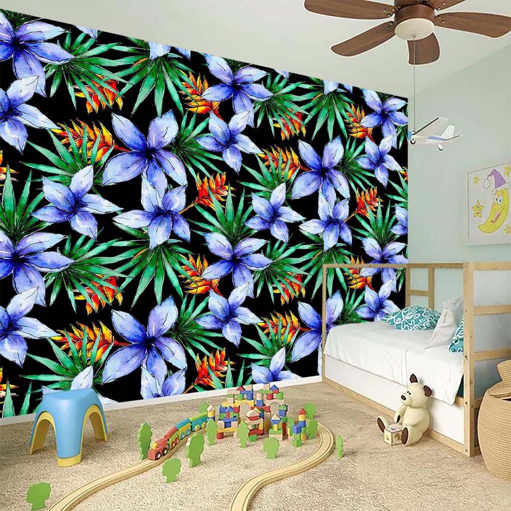 Blue Hawaiian Wildflowers Pattern Print Wall Sticker