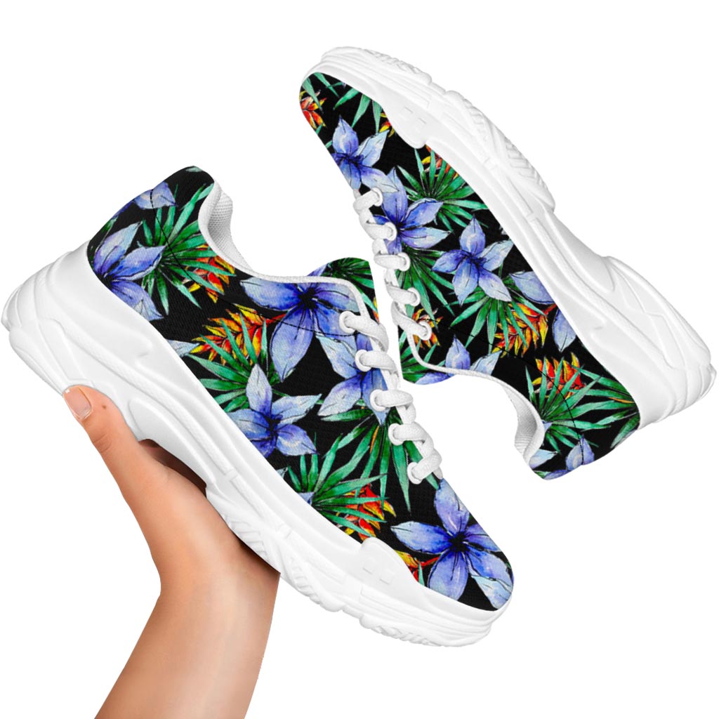 Blue Hawaiian Wildflowers Pattern Print White Chunky Shoes