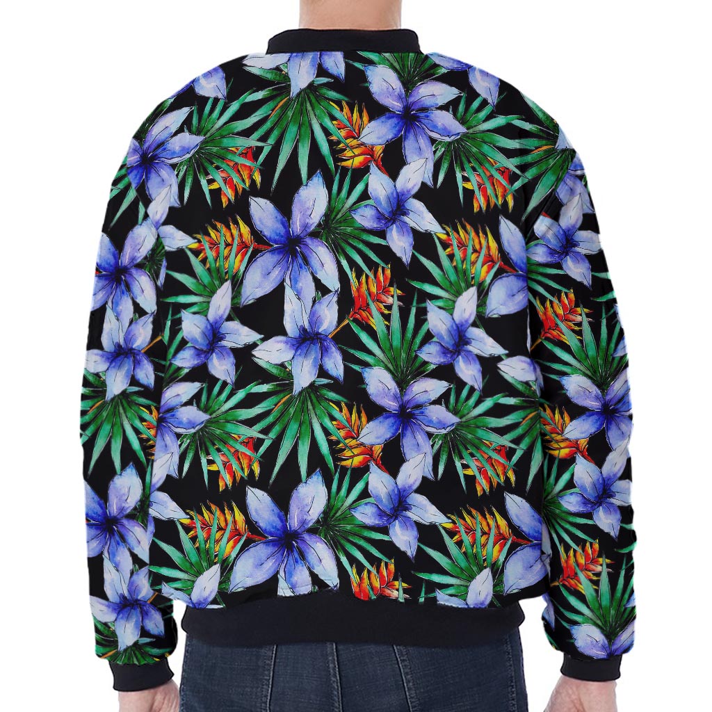 Blue Hawaiian Wildflowers Pattern Print Zip Sleeve Bomber Jacket