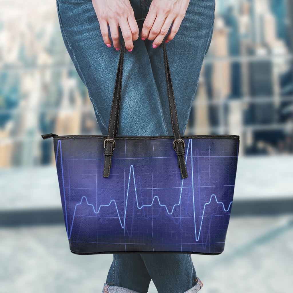 Blue Heartbeat Print Leather Tote Bag