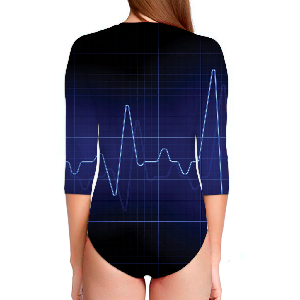 Blue Heartbeat Print Long Sleeve Swimsuit