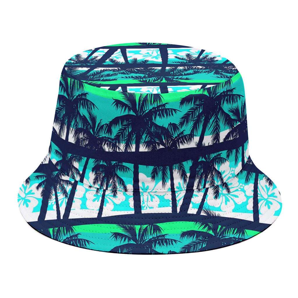 Blue Hibiscus Palm Tree Pattern Print Bucket Hat