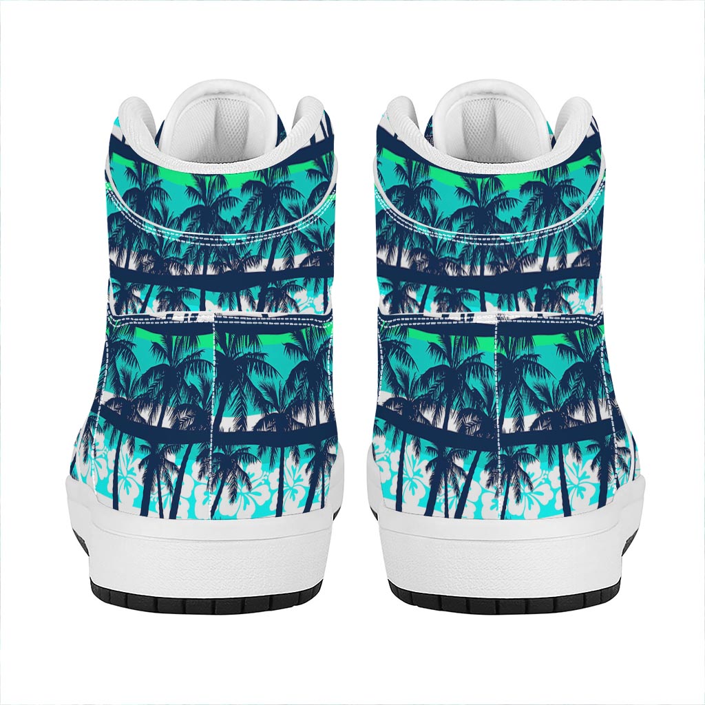 Blue Hibiscus Palm Tree Pattern Print High Top Leather Sneakers