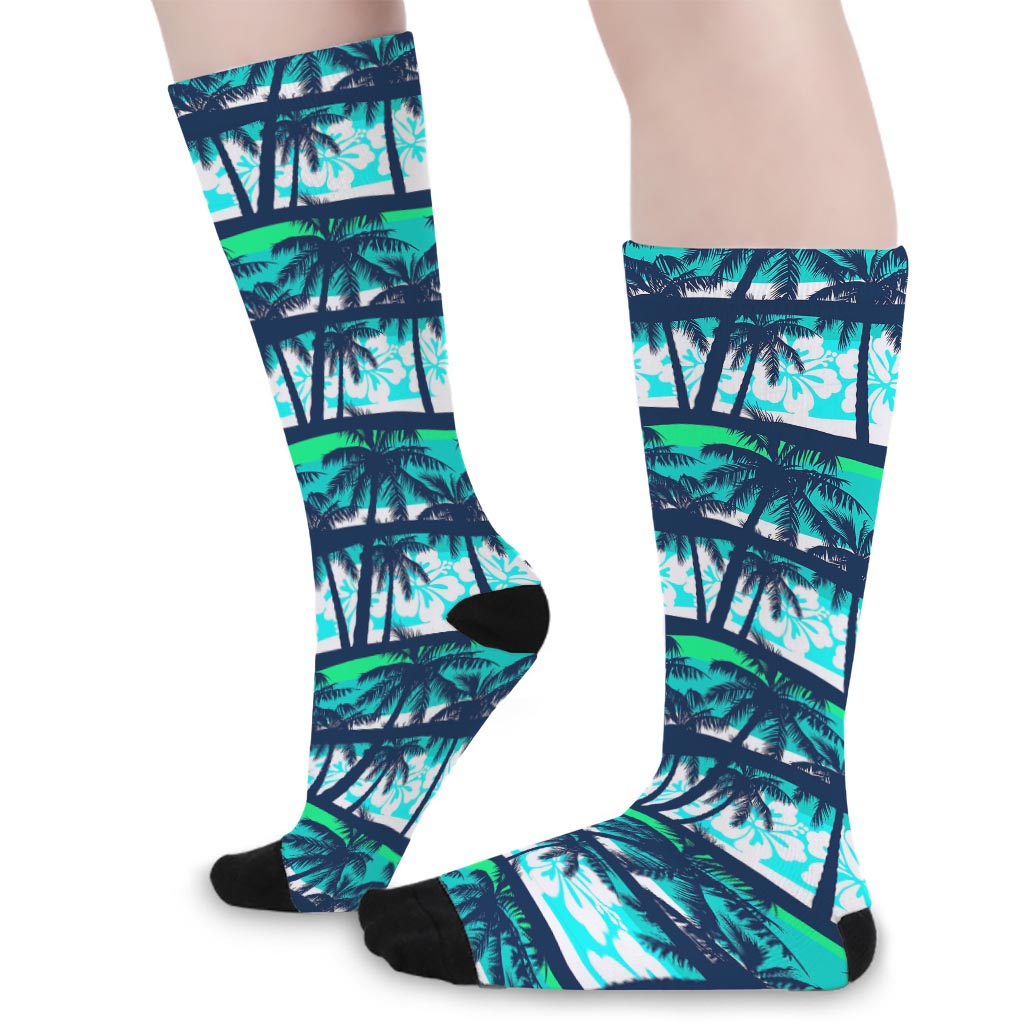 Blue Hibiscus Palm Tree Pattern Print Long Socks